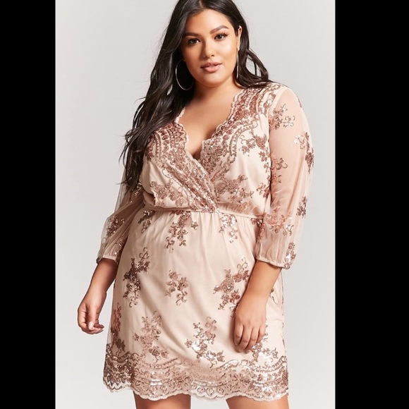 Forever 21 Dresses & Skirts - F21 Plus rose gold sequin plunge neckline midi